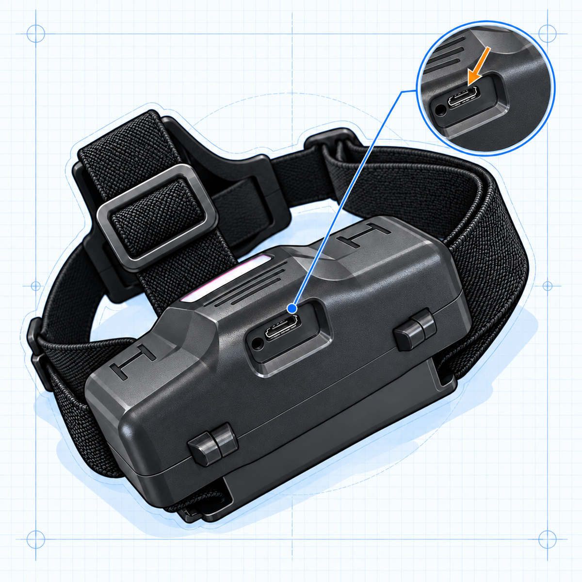 HeadX Kross battery box underside with an uncovered charging socket and magnified port detail