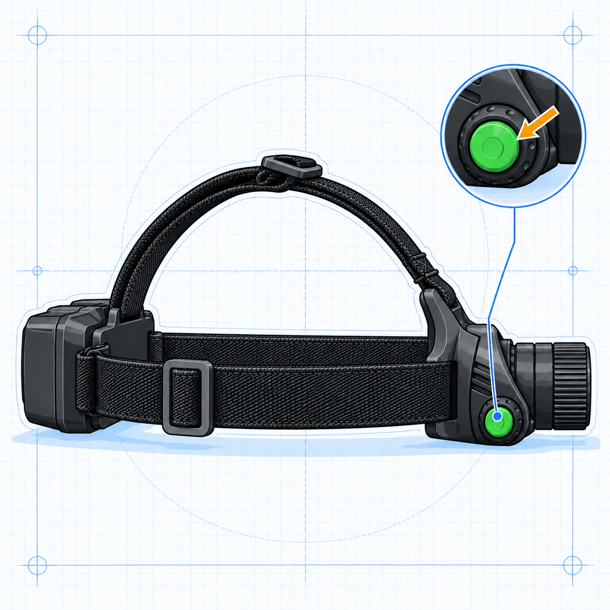 HeadX Kross side-view illustration with a magnified green power and laser mode button