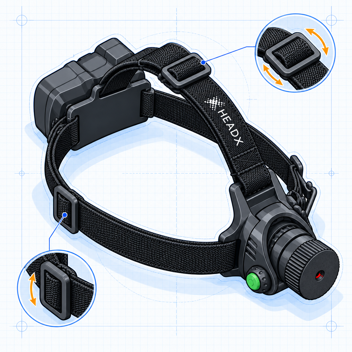 HeadX Kross three-quarter illustration with magnified top and side strap adjusters