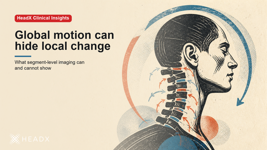 Layered paper-cut head and neck with separate arcs representing cervical movement, pain and disability measures.