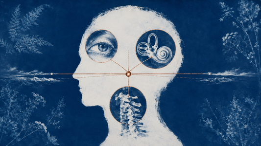 Cyanotype artwork linking the eye, inner ear, cervical spine and balance horizon.