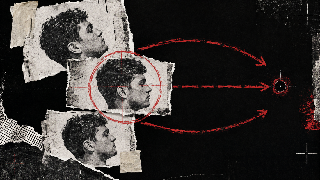 Black, white and red collage showing three head positions returning towards a target.