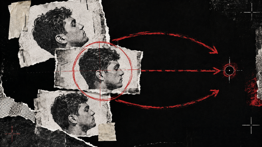 Black, white and red collage showing three head positions returning towards a target.