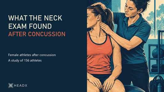 Screen-print illustration of a seated female athlete having a clinician-led neck examination. No device or test result is shown.