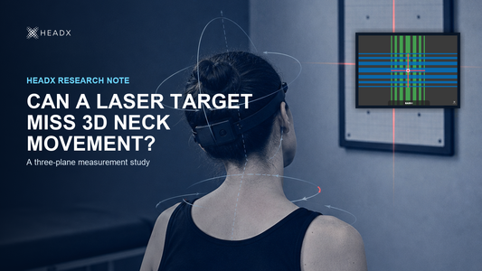 Illustrative cyanotype scene of an adult using a generic head-mounted laser with a small HeadX Bars I wallchart, red crosshair and three-dimensional movement arcs. Campaign artwork, not the study setup.