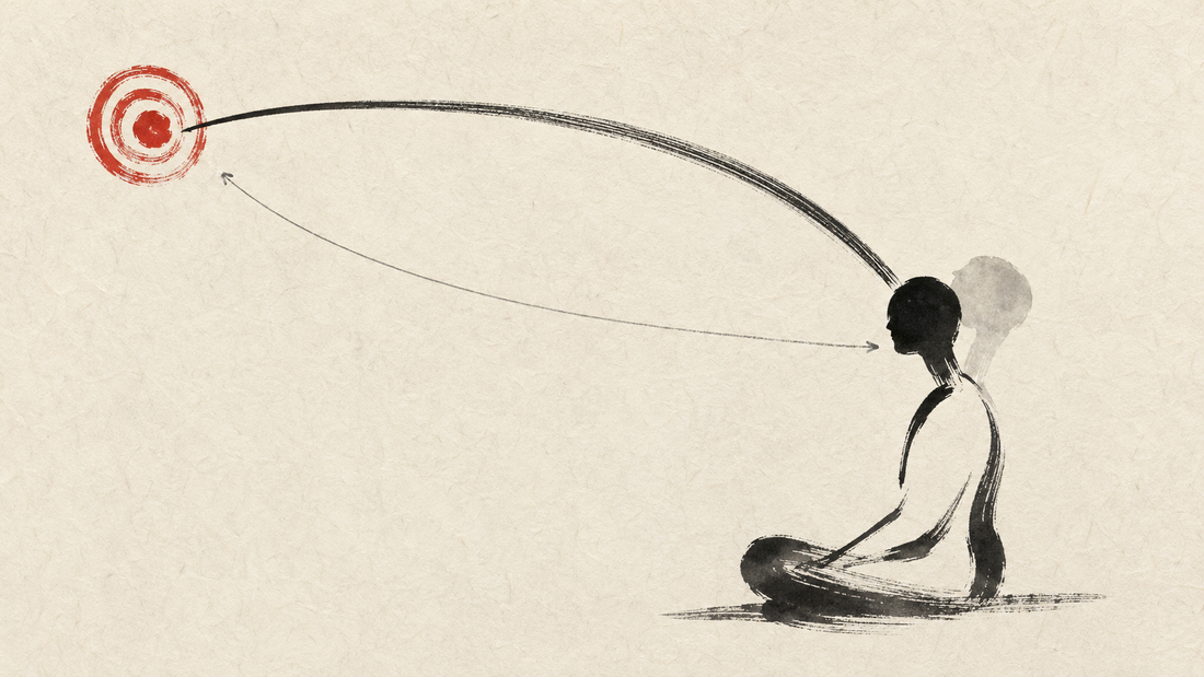 Minimal ink artwork showing imagined and performed head positions moving towards a target.