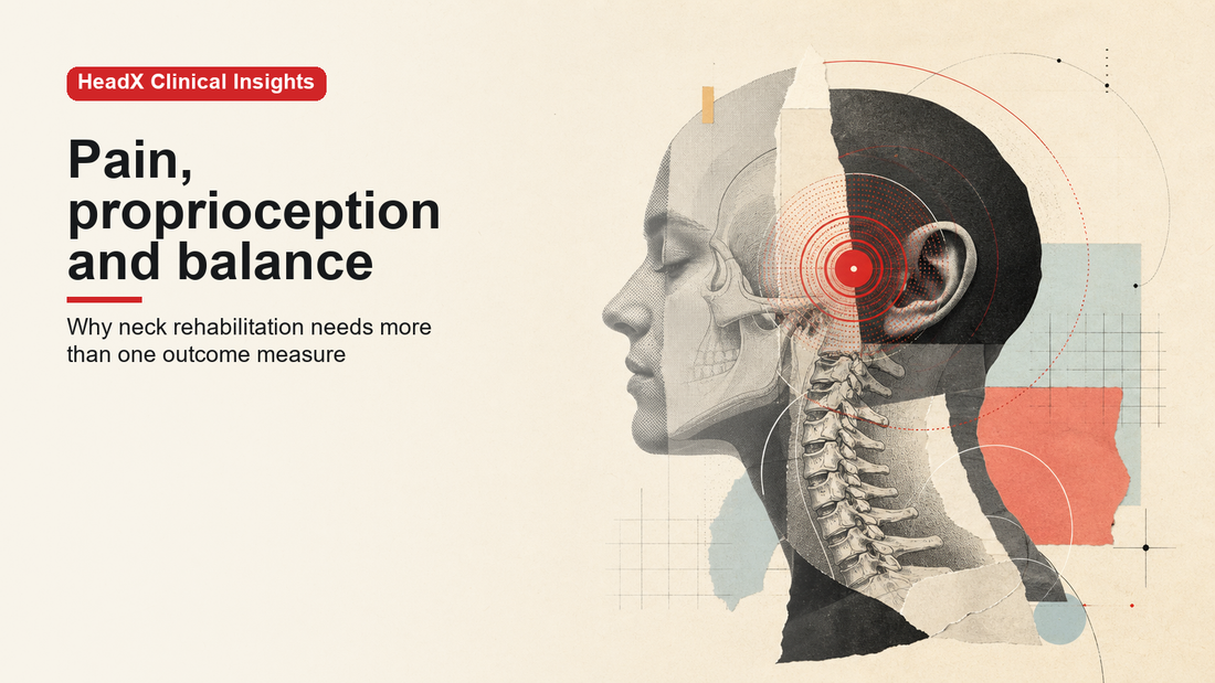 Editorial scientific collage of a head and neck profile with target, balance and muscle motifs representing pain, proprioception and postural control.