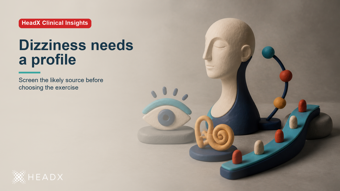 Clay diorama of a head and neck connected to eye, inner-ear and balance pathways representing different dizziness profiles.