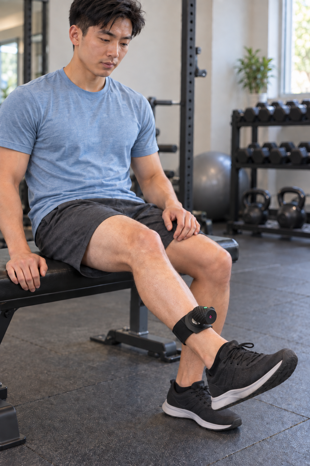 HeadX Duo worn on a lower-leg strap during seated knee extension.