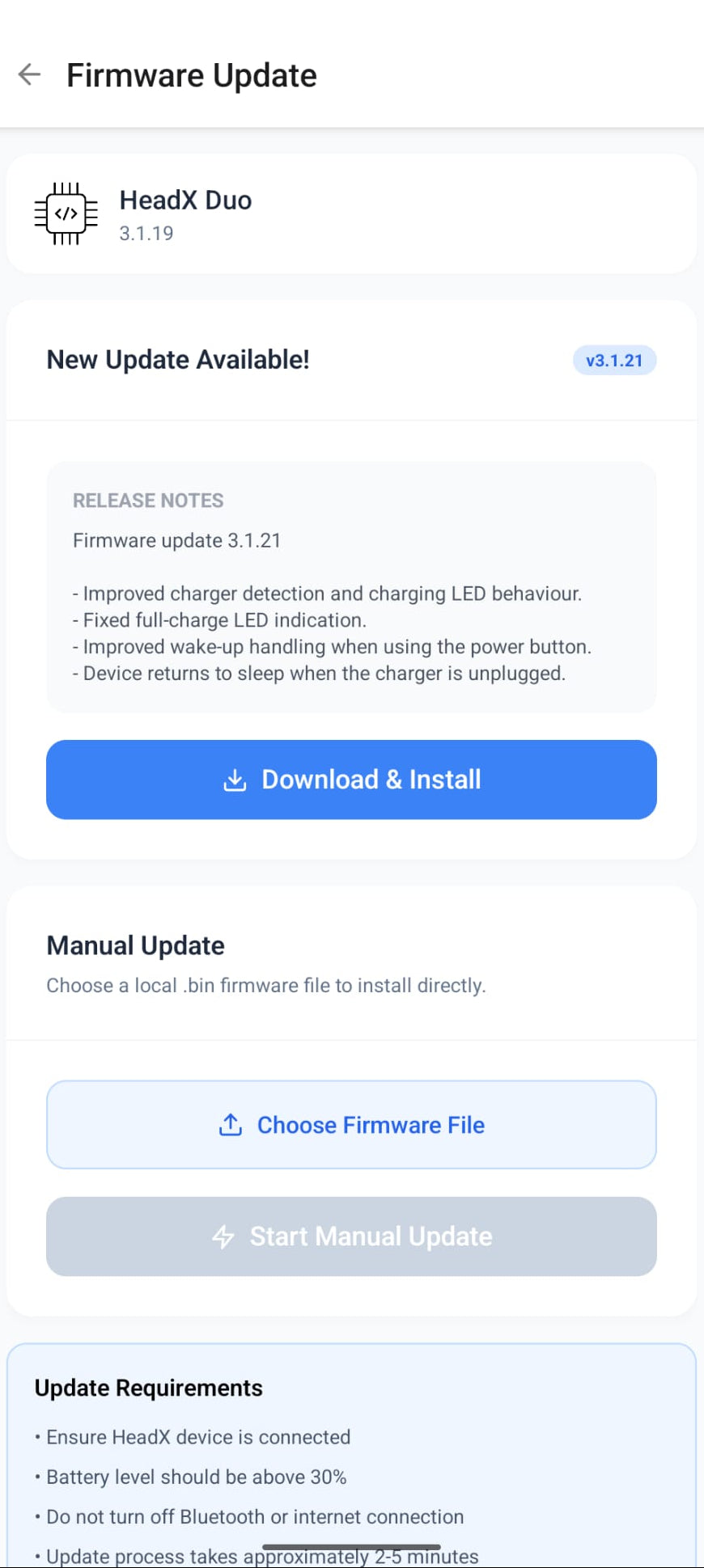 HeadX app firmware-update screen with download and manual-update options.