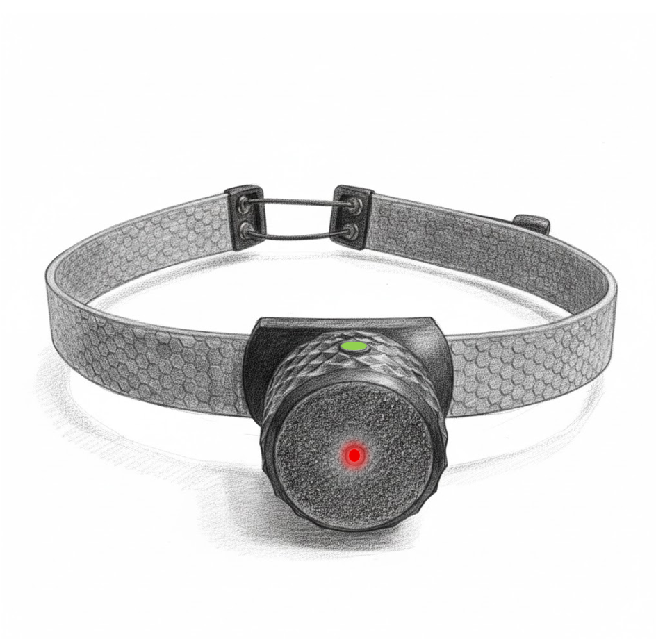 Front pencil-style illustration of the HeadX Duo headband with laser illuminated.