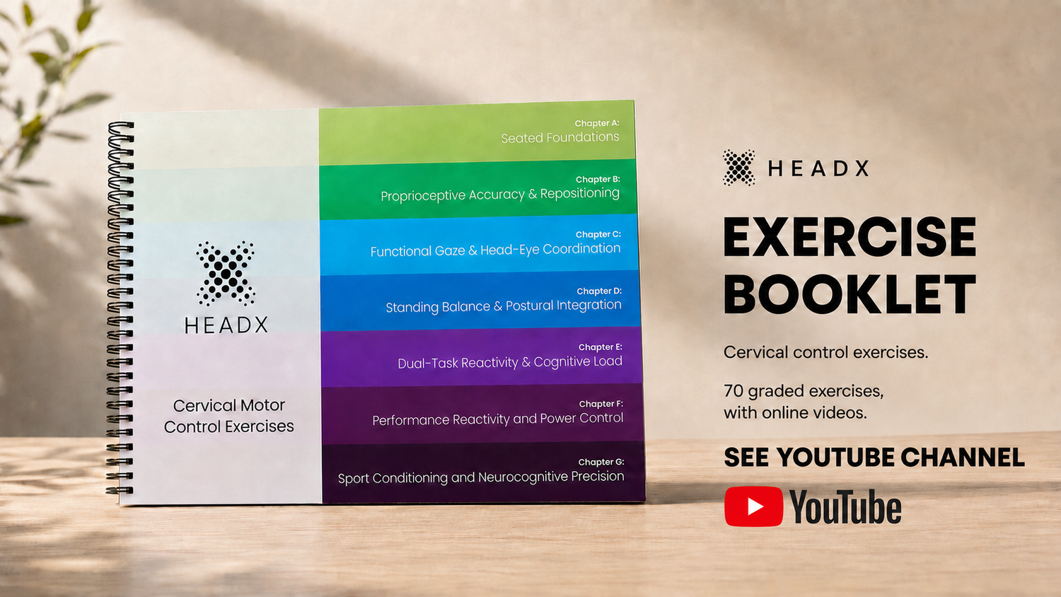 HEADX exercise booklets on a wooden surface with a YouTube logo.