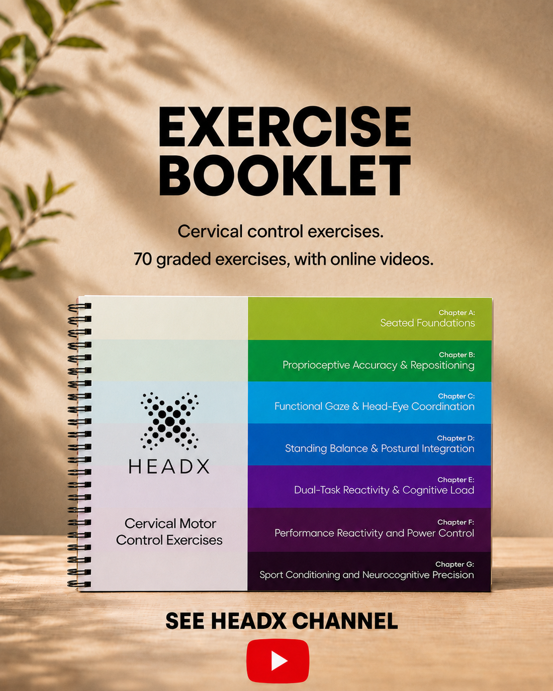 HEADX exercise booklets on a wooden surface with a YouTube logo.
