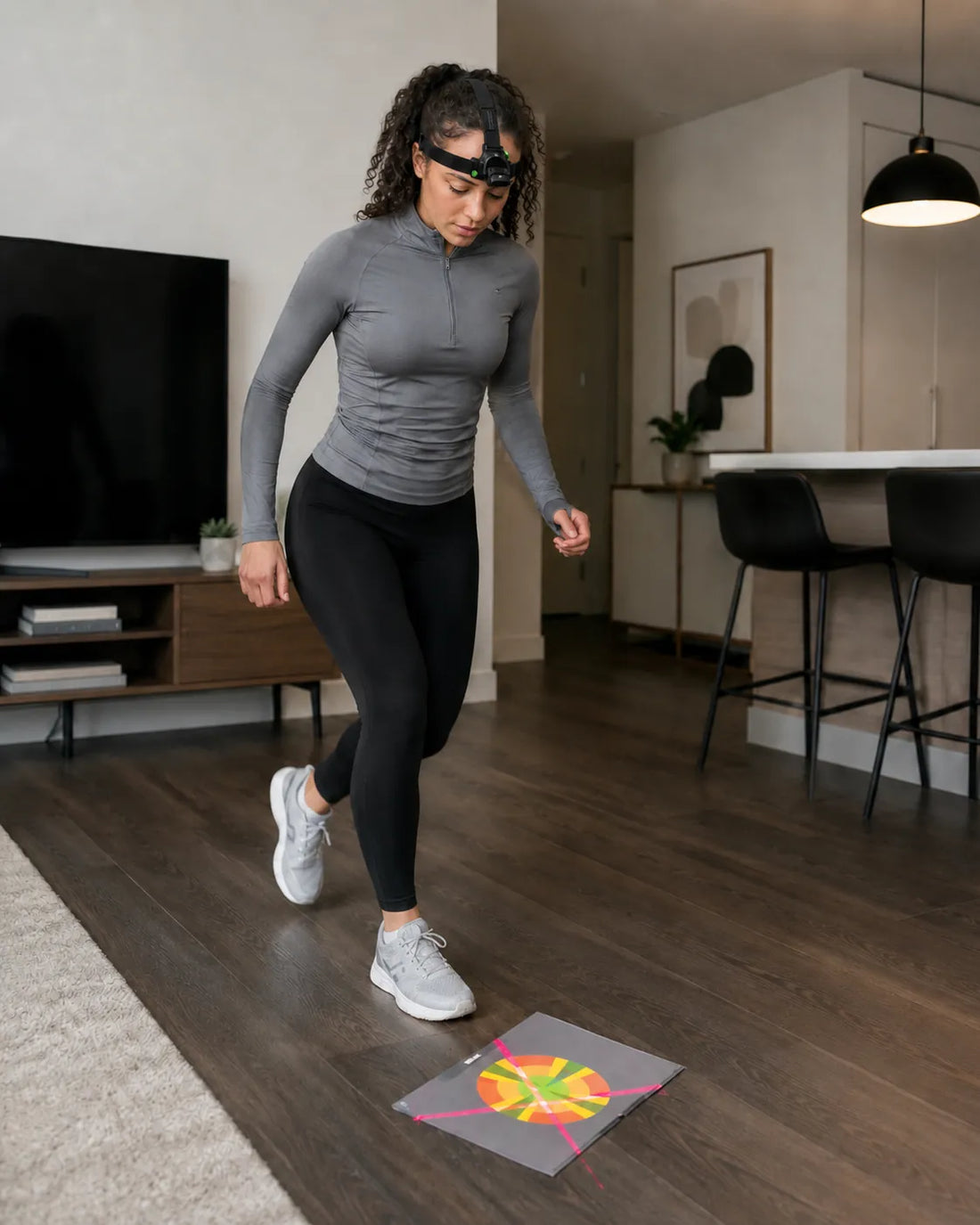 Woman wearing HeadX Kross during a balance exercise with a laser target.