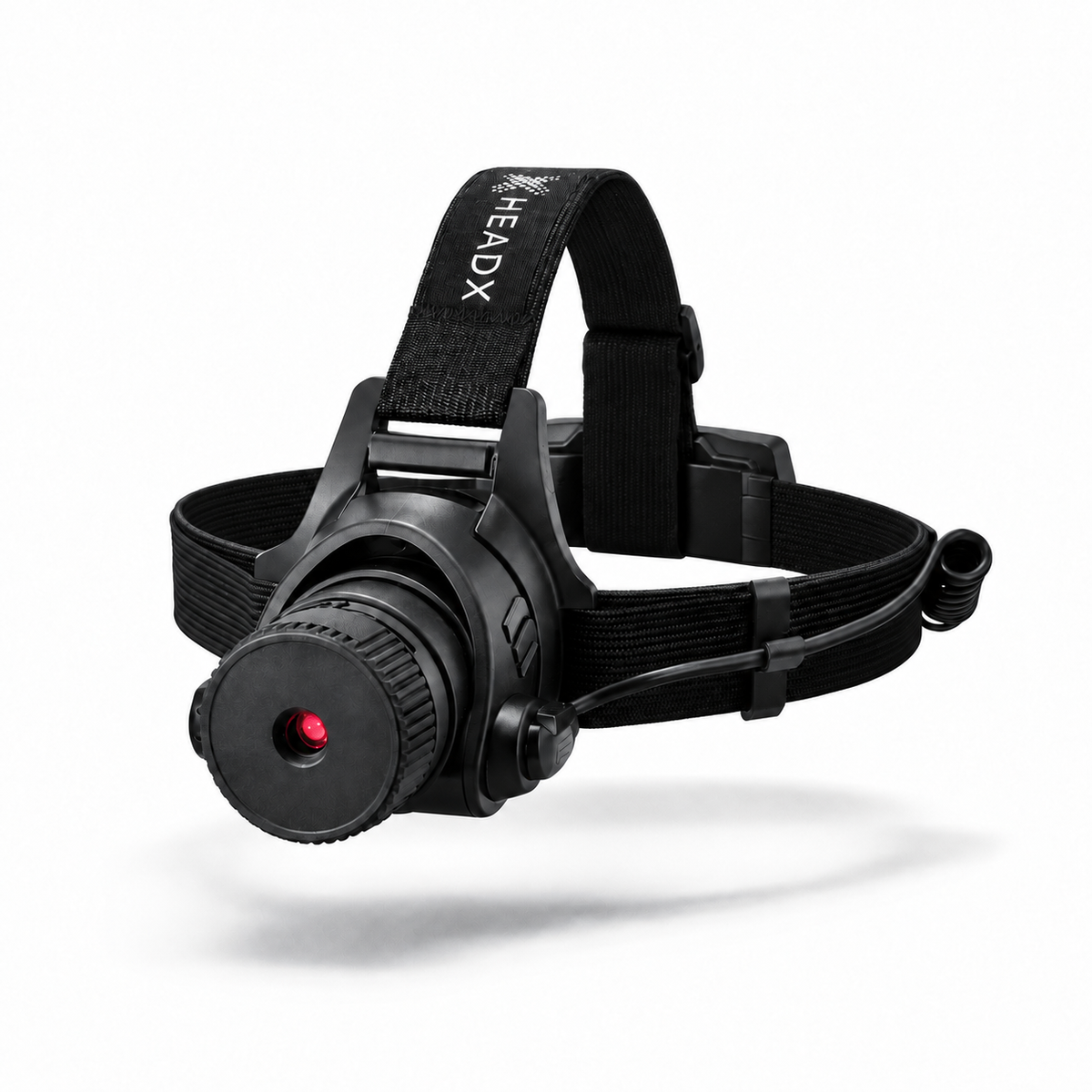A black head laser with an adjustable elastic strap, shown floating against a white background with a soft shadow underneath. The brand name 'HEADX' is printed in white on the strap.