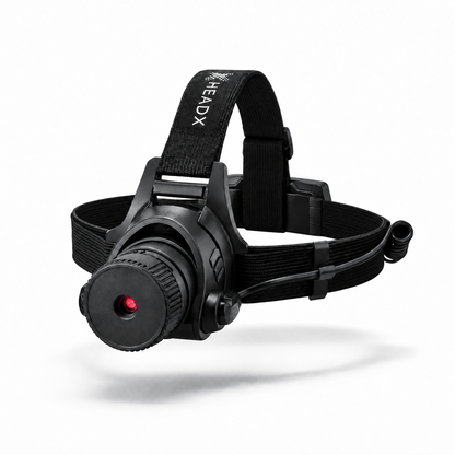 A black head laser with an adjustable elastic strap, shown floating against a white background with a soft shadow underneath. The brand name 'HEADX' is printed in white on the strap.