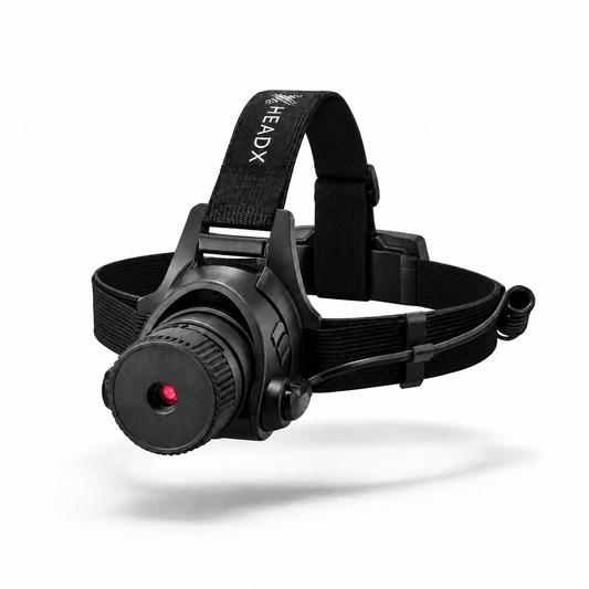 A black head laser with an adjustable elastic strap, shown floating against a white background with a soft shadow underneath. The brand name 'HEADX' is printed in white on the strap.