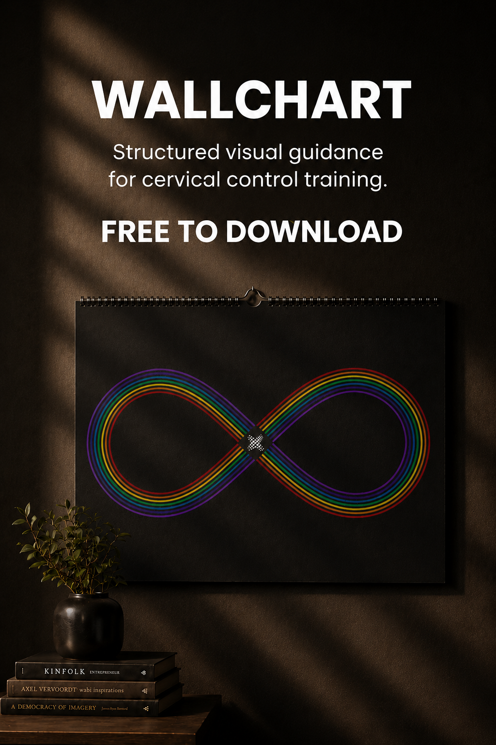 Wallchart with rainbow infinity symbol on a dark background, text about cervical control training.