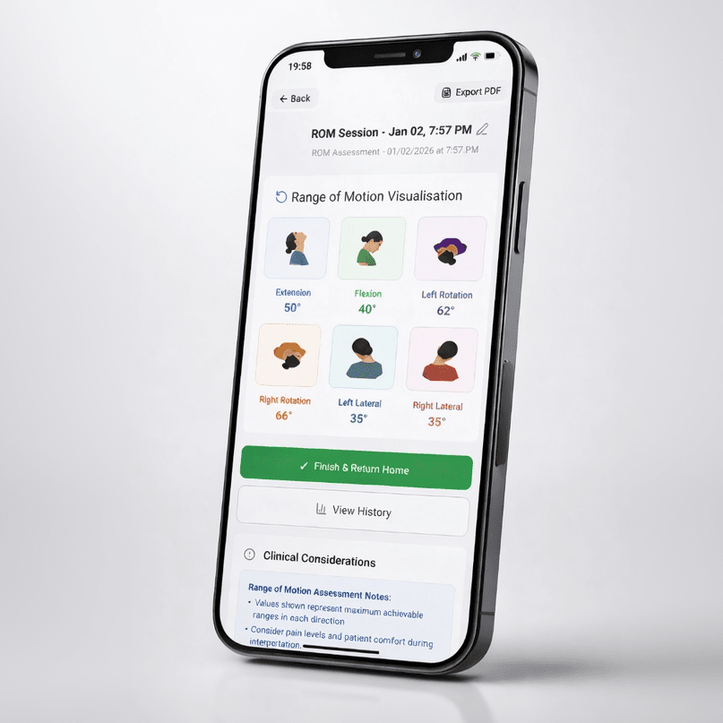 HeadX app cervical range-of-motion results screen.