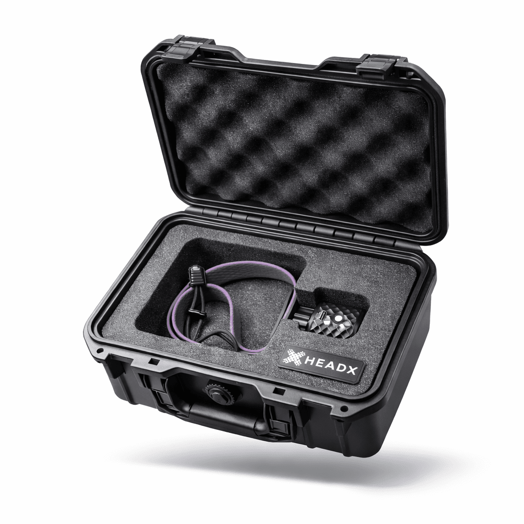 Magenta HeadX Duo in an open protective case.