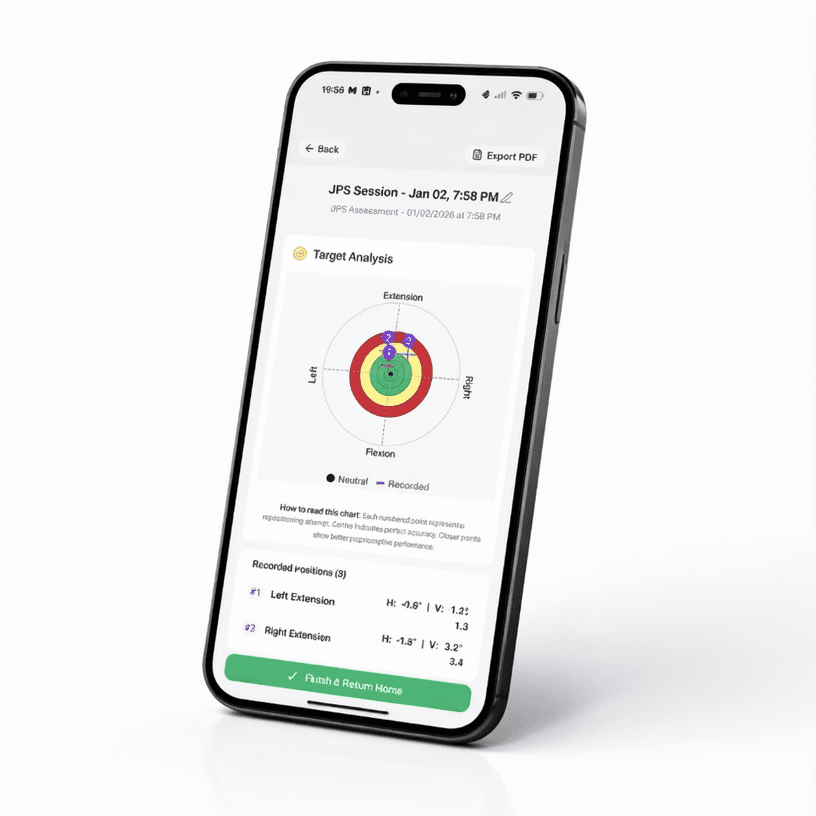 HeadX app joint position sense target-analysis screen.