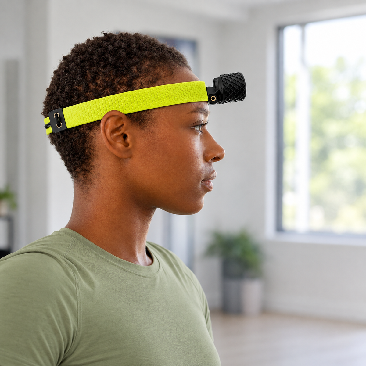 Person wearing a HeadX Duo head-mounted device.