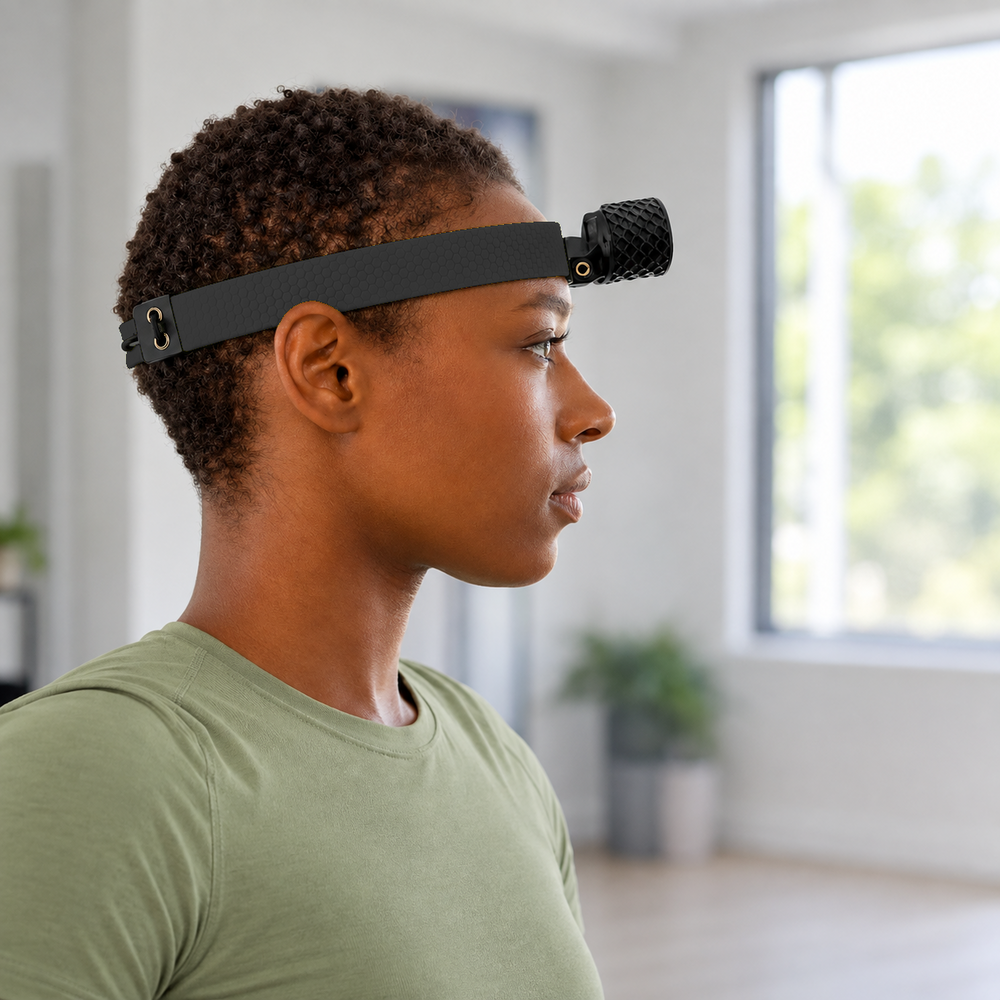 Person wearing a HeadX Duo head-mounted device.