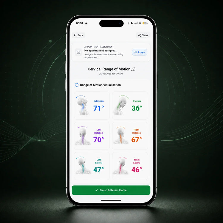 HeadX app cervical range of motion results displayed on a smartphone.