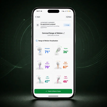 HeadX app cervical range of motion results displayed on a smartphone.
