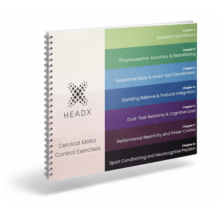 HeadX spiral-bound exercise booklet with colorful chapters on cervical motor control and balance.