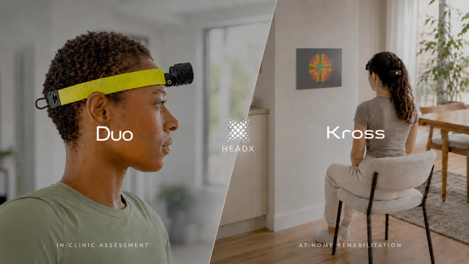 HeadX Duo used for in-clinic assessment and HeadX Kross used for at-home rehabilitation