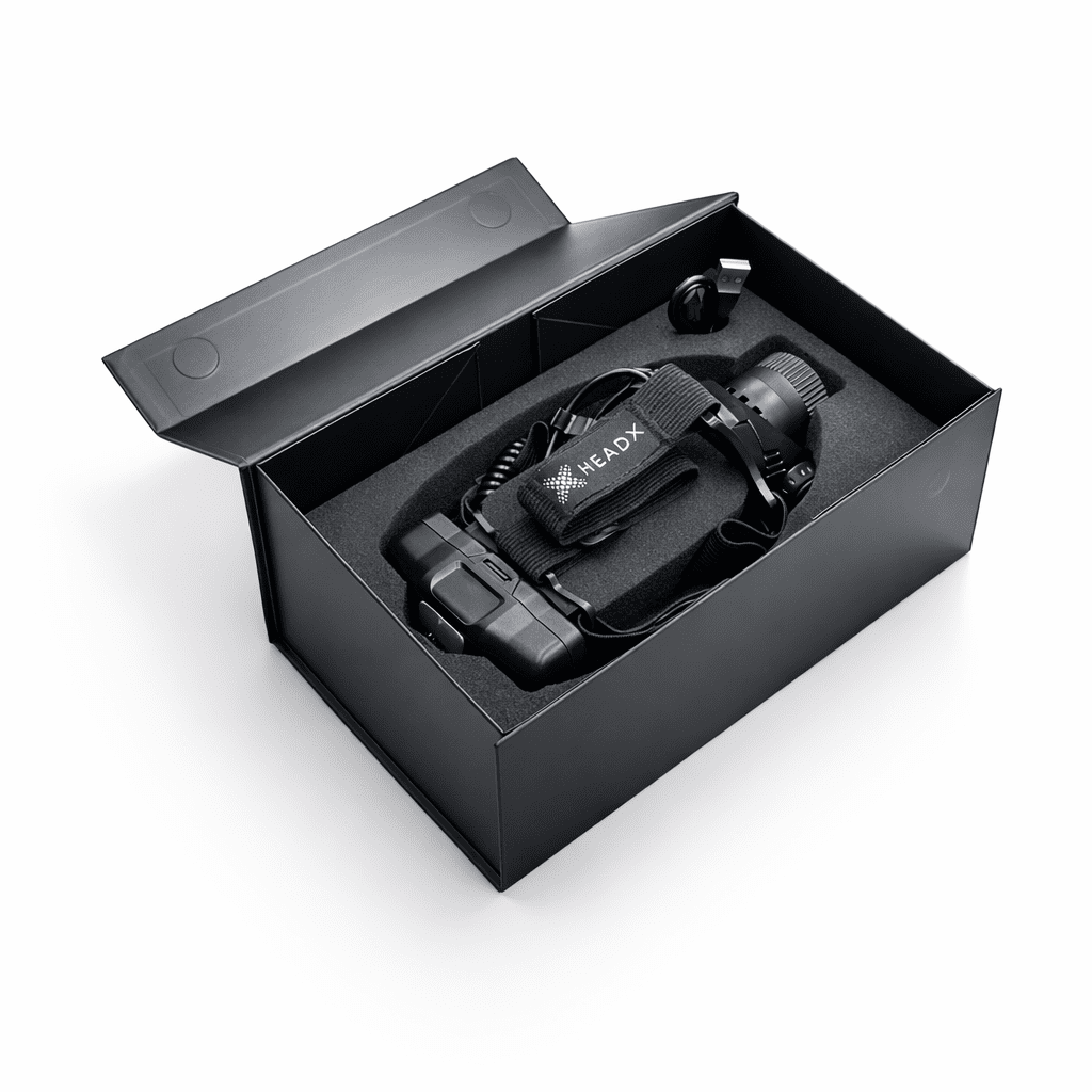 Black HeadX Kross head-mounted laser guidance system with strap and charger, neatly packaged in a black box.