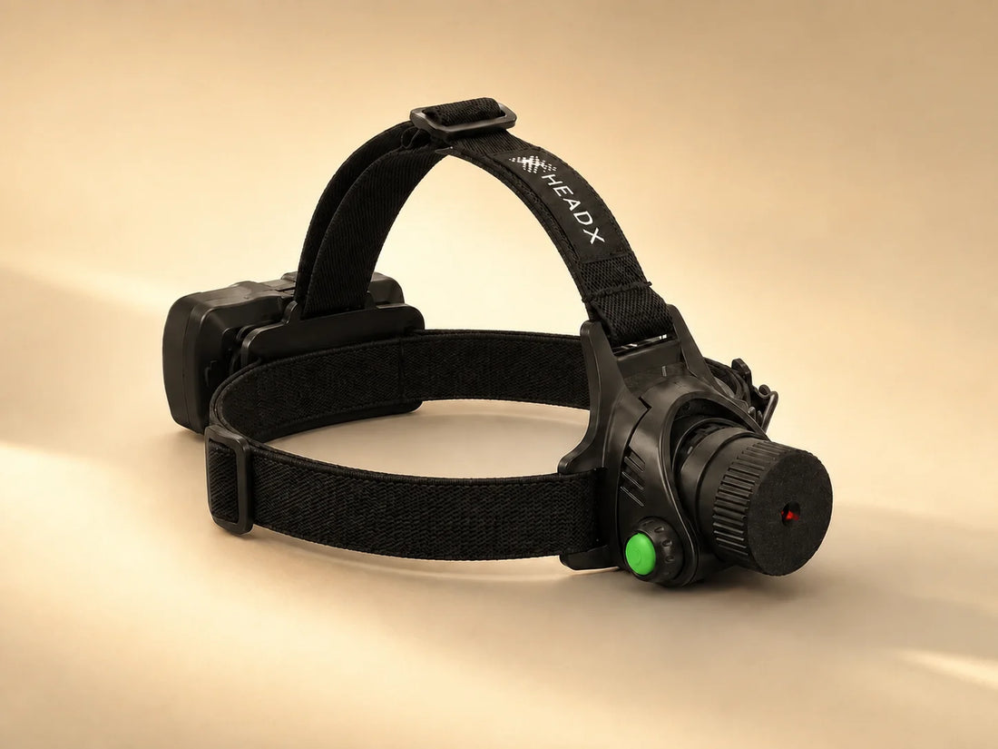 Black HeadX Kross head-mounted crosshair laser on a cream background.