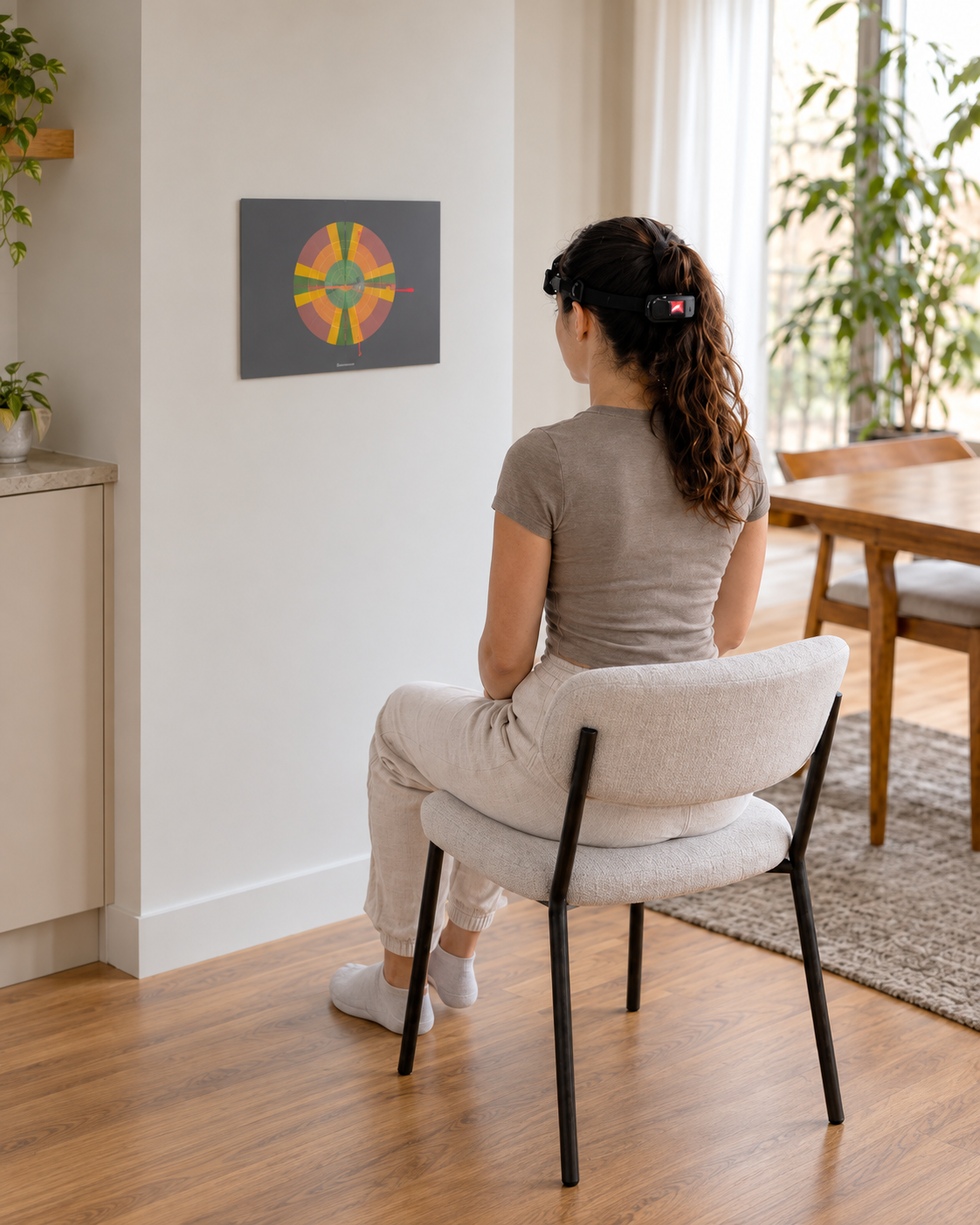 Person wearing HeadX Kross while seated facing a wall target at home.