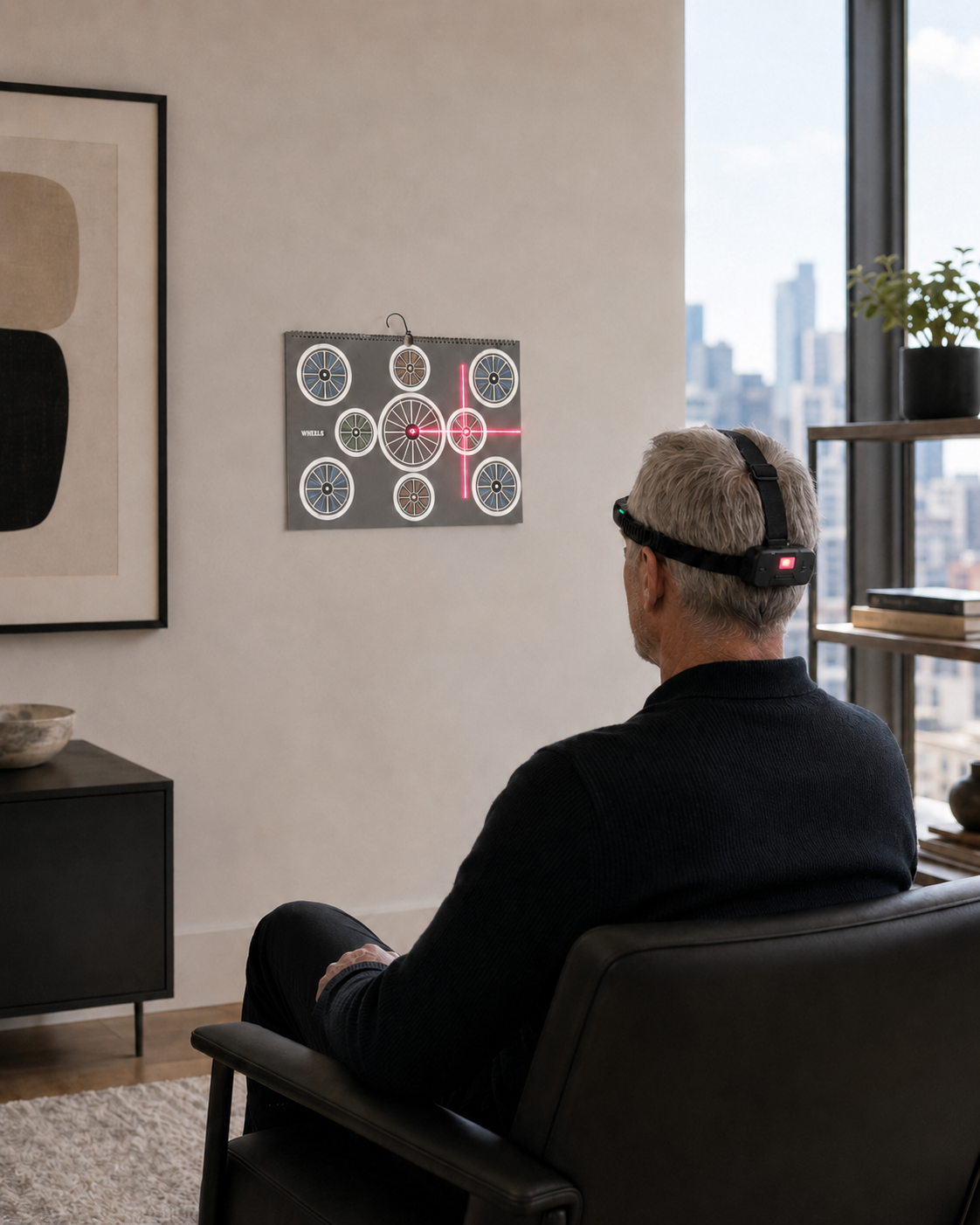 Person wearing a brain-computer interface device in a living room with cityscape view