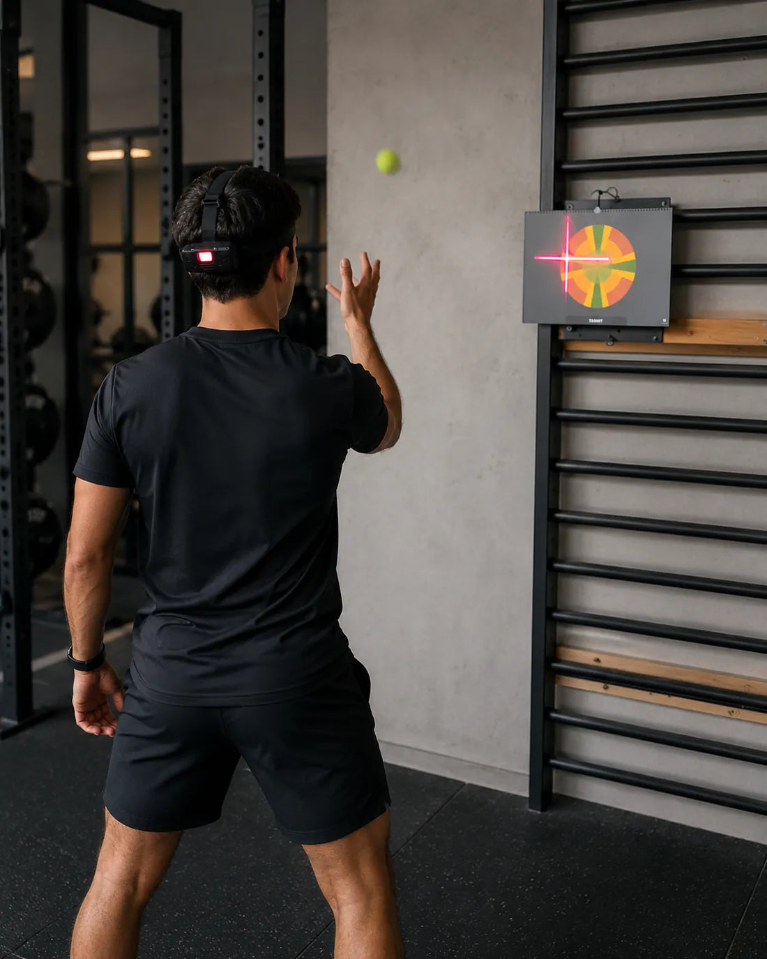 Athlete wearing HeadX during ball-reaction training with a laser target.
