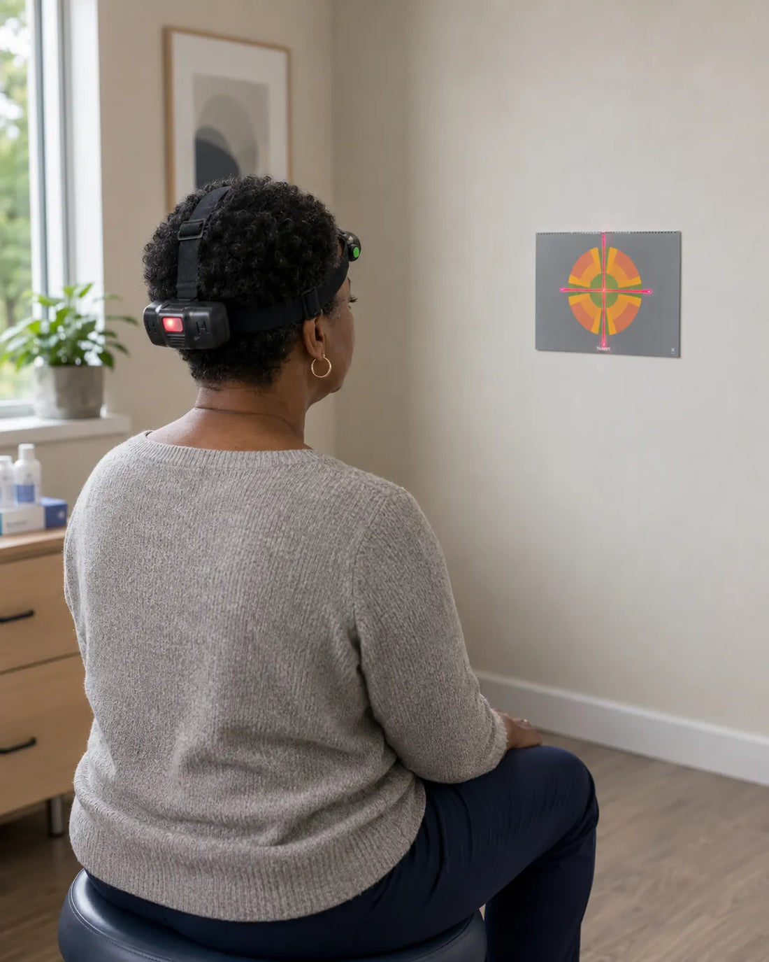 Woman using HeadX for seated cervical proprioception training with a laser target.